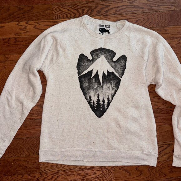 Steel Bison/ Sam Larson Oatmeal Crewneck sweatshirt w/ Mountain/Arrowhead design - Picture 2 of 4